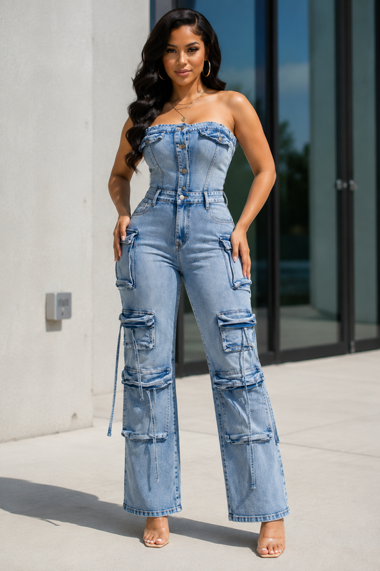 Downtown Denim Cargo Jumpsuit